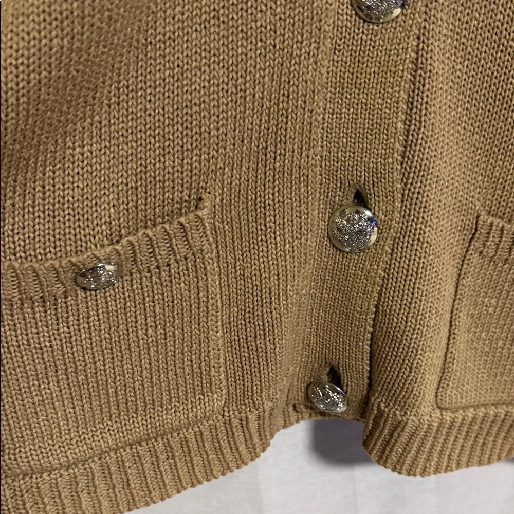 Lauren Ralph Lauren Women's Vintage Tan Cardigan Mercerized Cotton Shawl Collar